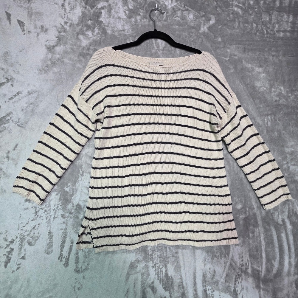 LOFT Outlet Petite Striped Boat Neck Sweater Navy Cream Cotton Blend SP 502430